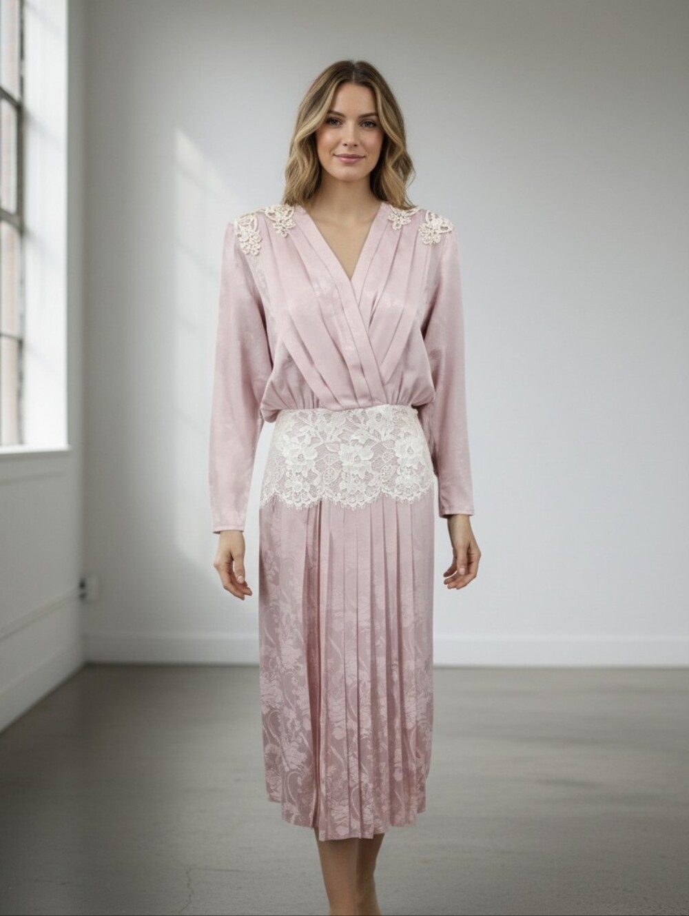 Silk Jessica McClintock Dress Vintage Blush Pink Jacquard and Lace Panel Fringe